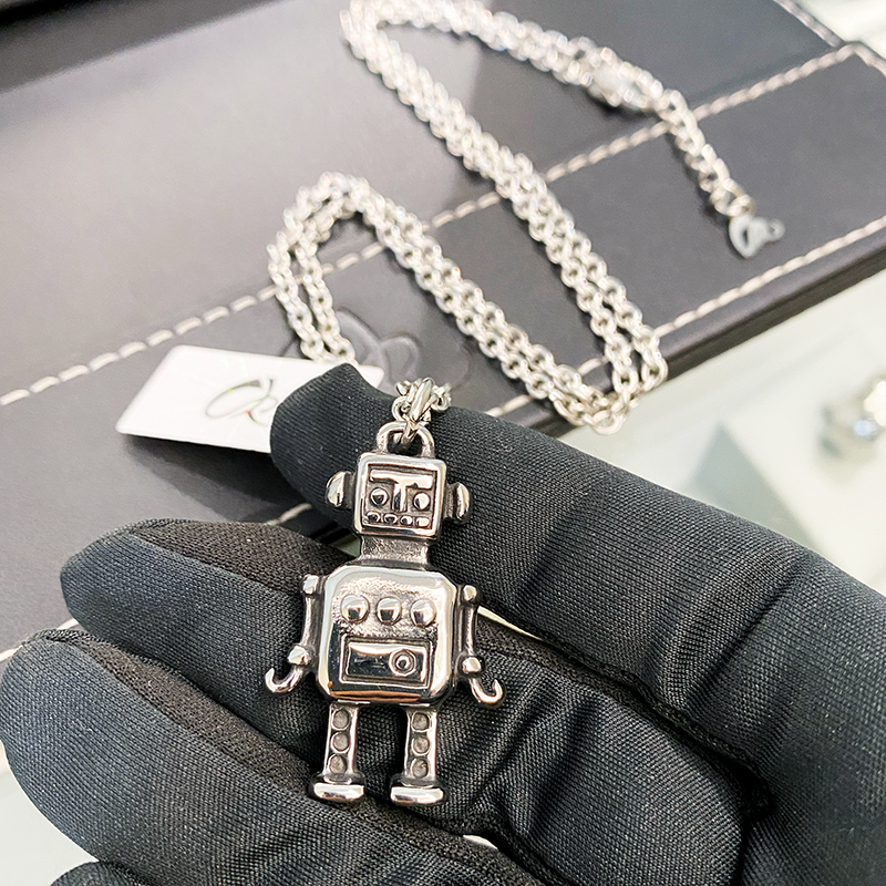银色 做旧机器人吊坠项链 N1393