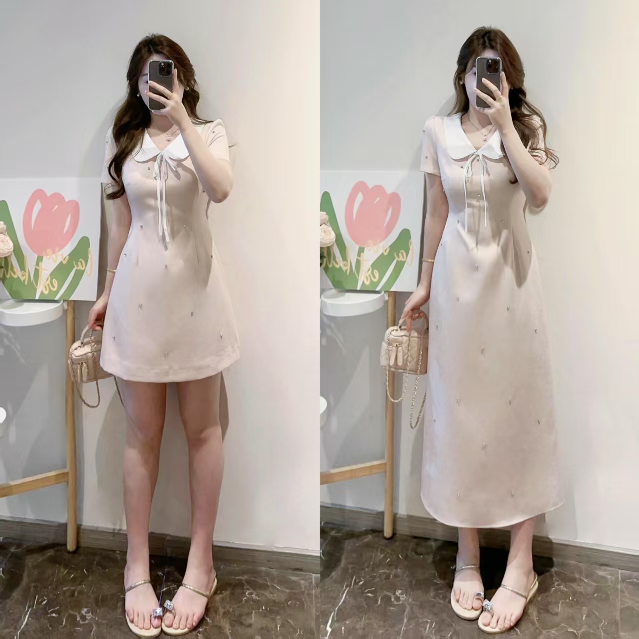 橘子-夏季显瘦千金感翻领重工嵌钻收腰连衣裙气质裙子WP9773