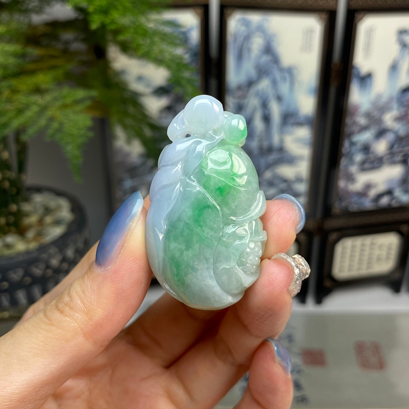 飘绿花开富贵挂件 天然翡翠A货 