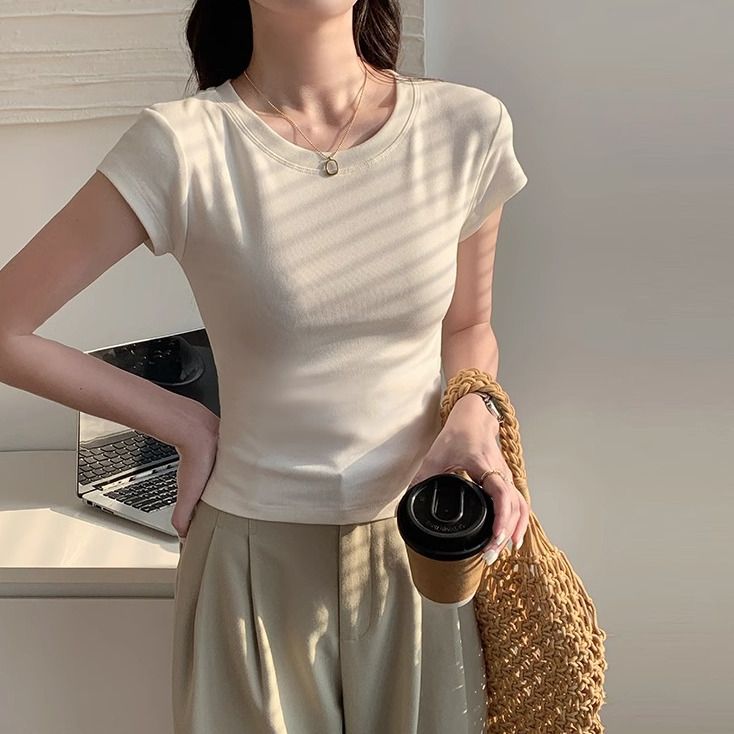 2025夏季新款瘦瘦T显瘦紧身上衣圆领休闲轻薄透气小众女装  