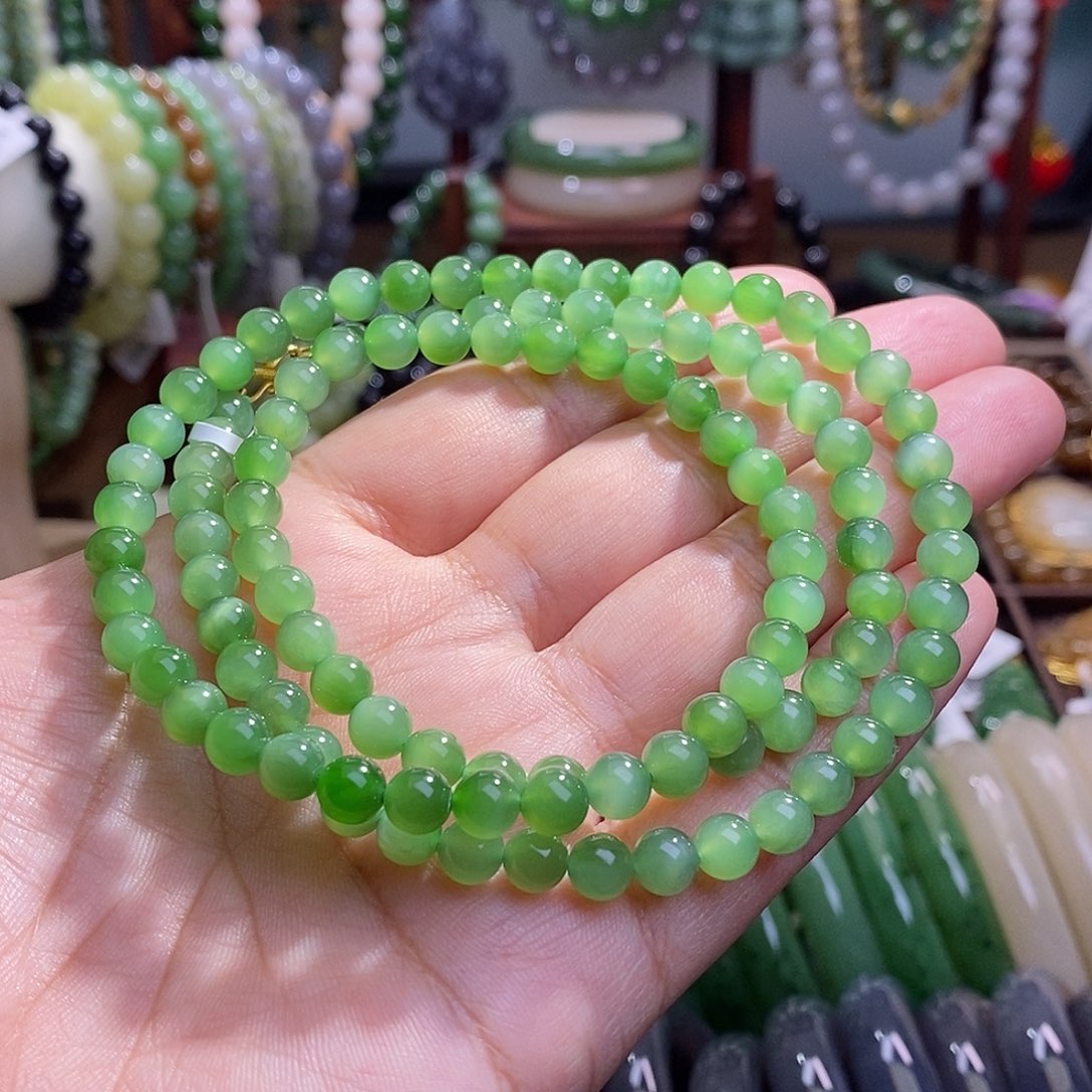 和田玉收藏级碧玉高冰猫眼老矿料金镶珠链6m未镶嵌