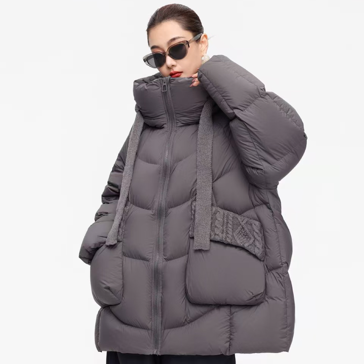 休闲时尚连帽拼针织中长款加厚羽绒服7236