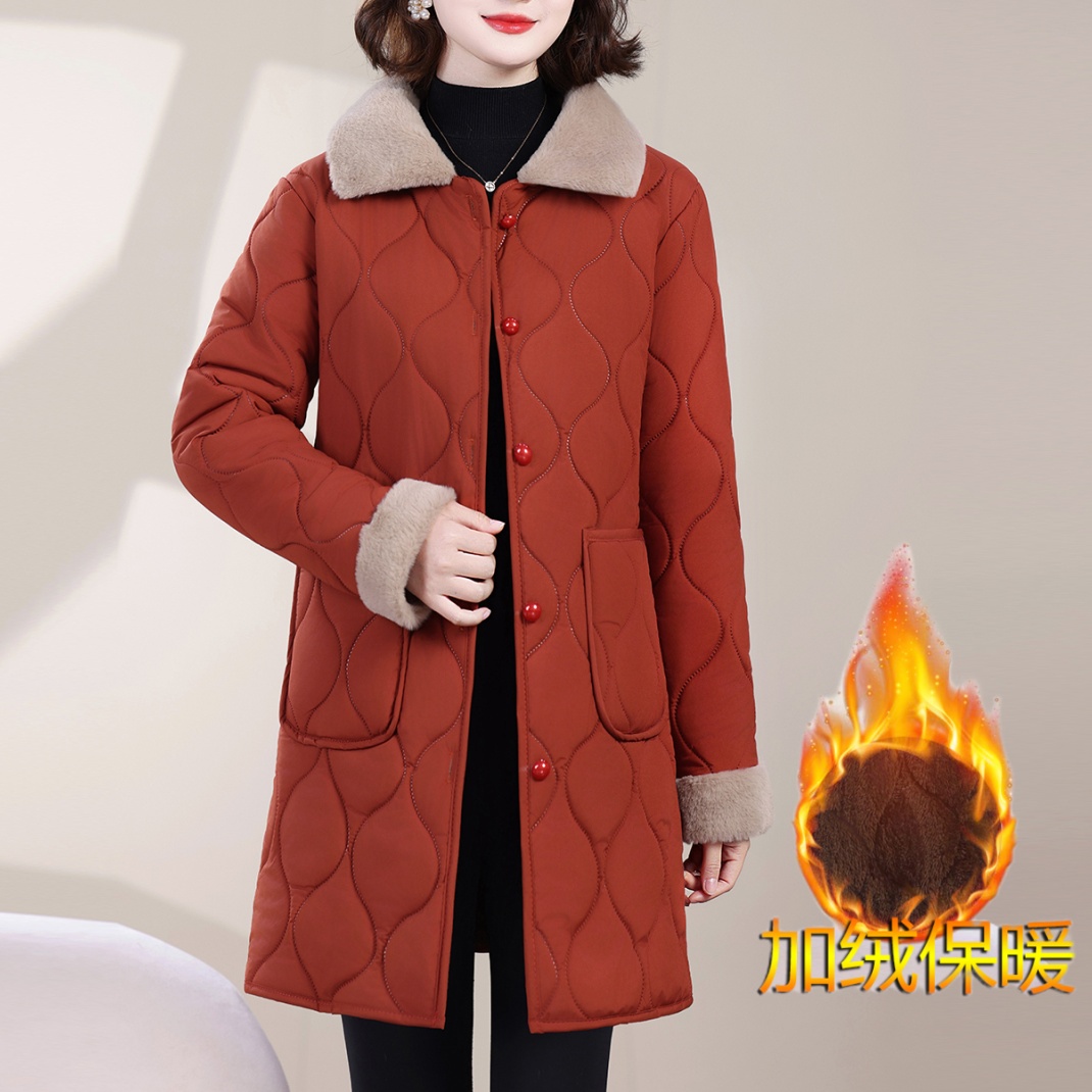 妈妈加绒冬季加厚时尚棉衣中老年中长款棉服外套女装保暖纯色棉袄