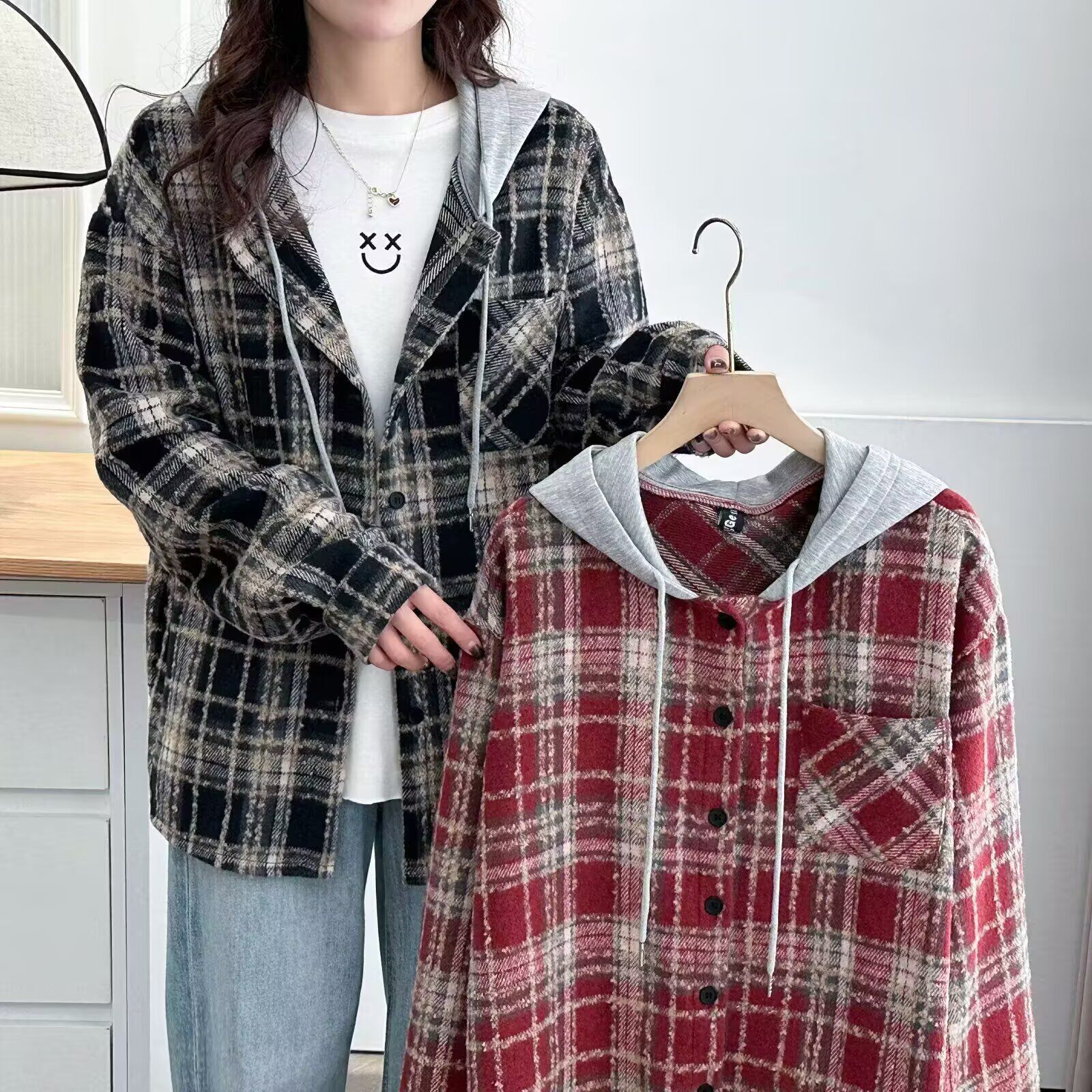 大码早秋季韩系慵懒风复古格子外套假两件连帽宽松显瘦开衫上衣女