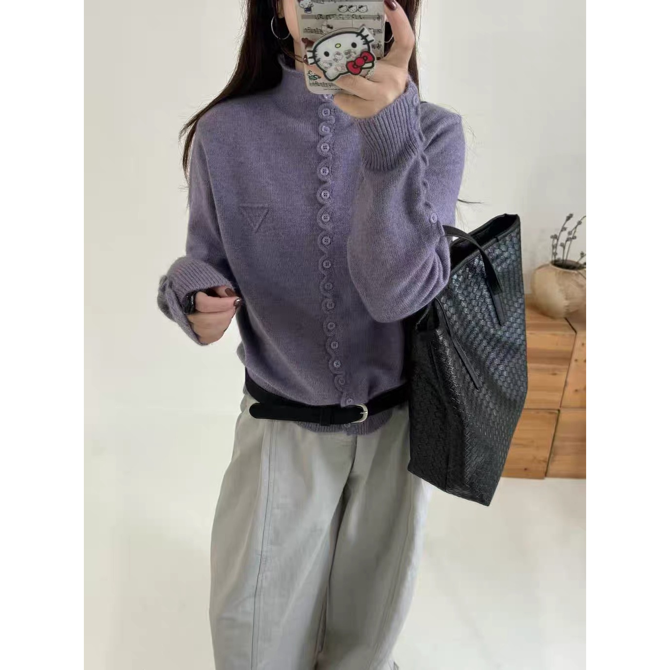 /立领花朵边-紫色/温柔纯色半高领纽扣软糯简约针织开衫女 23008