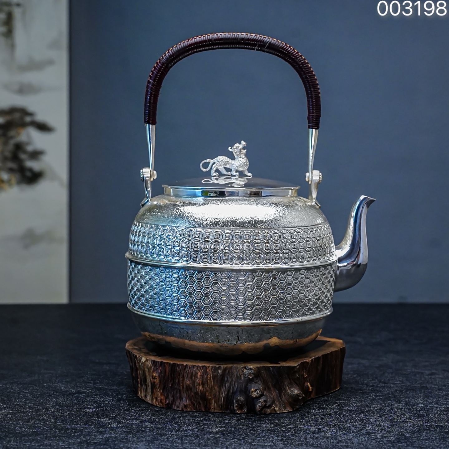 【慕雨手作】纯手工錾刻腰缠万贯烧水壶家用银壶足银999银茶具     