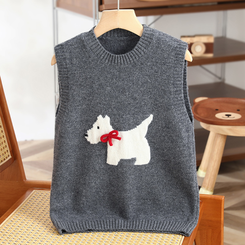 秋冬新款儿童可爱小狗图案100%纯羊毛衫圆领时尚保暖针织马甲