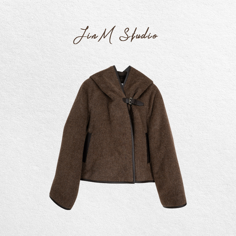 Jinmstudio丨【小马家】拼皮羊驼毛呢小皮扣连帽外套602501A6426