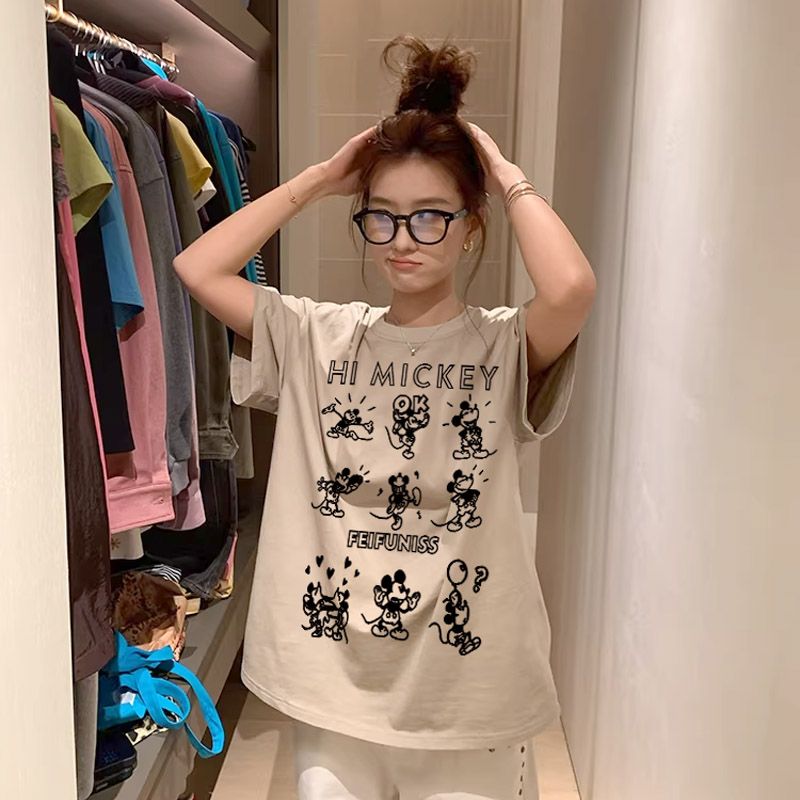 米奇新款港风宽松潮牌百搭t恤上衣洋气女装纯棉短袖情侣装半袖