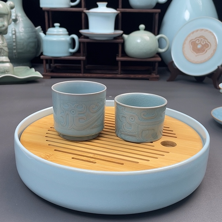 瓷片柴烧龙凤杯一对手工制作
