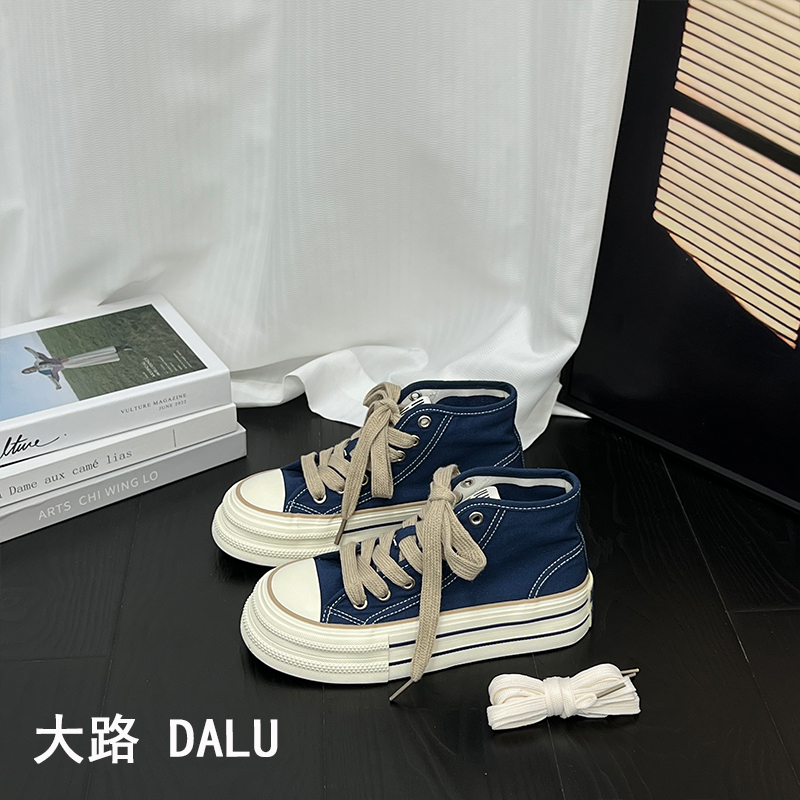 【DaLu】圆头系带高帮帆布鞋女2025秋季ins厚底百搭休闲时尚板鞋女