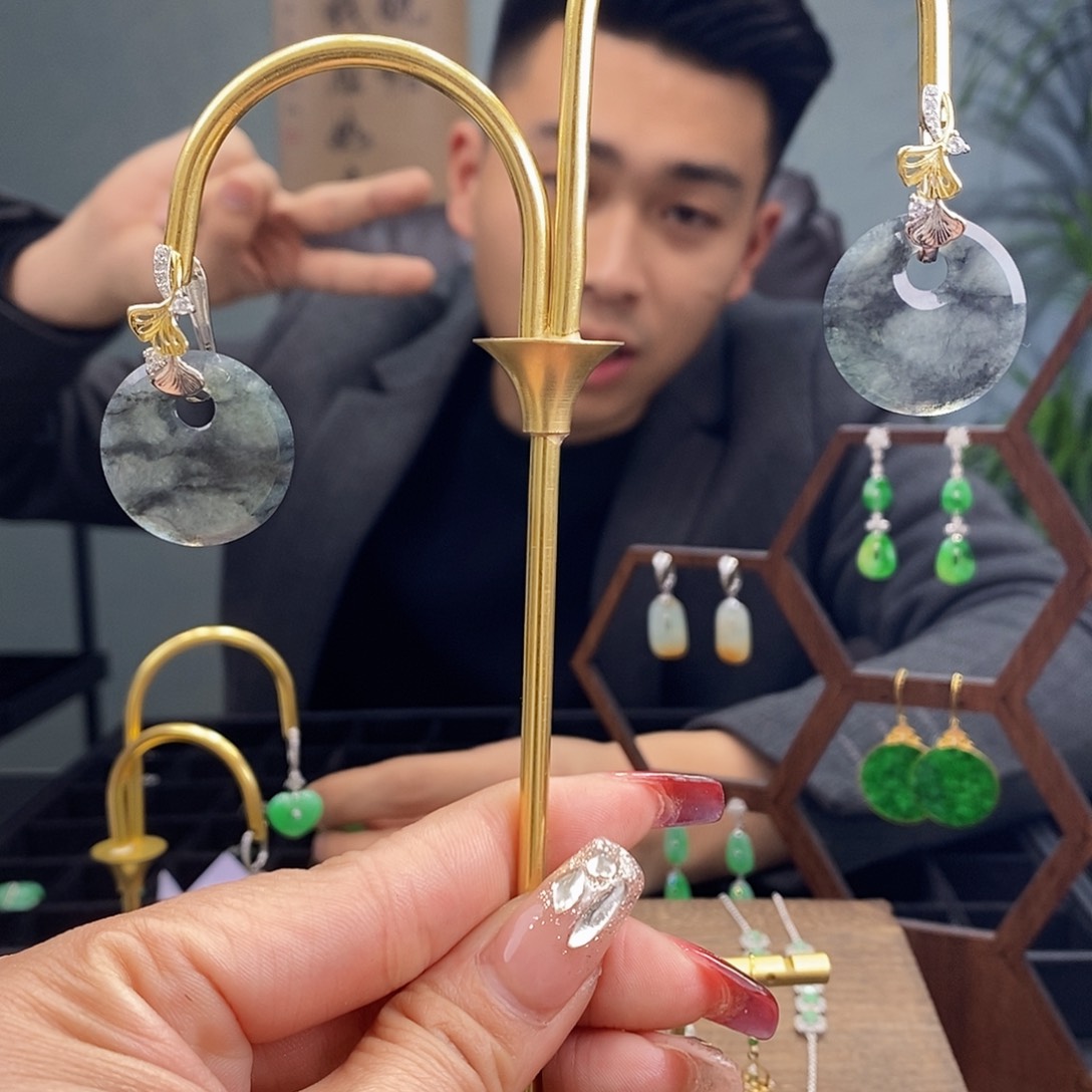 翡翠耳饰银S925镶嵌翡翠