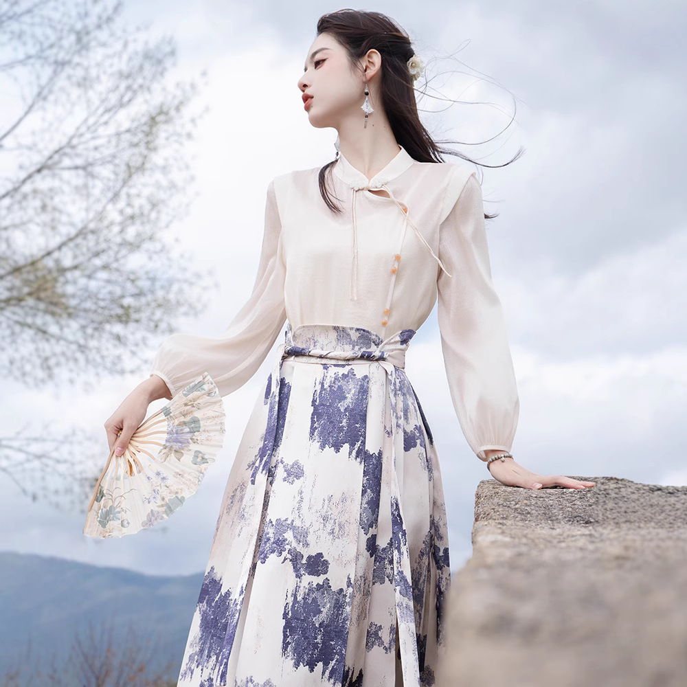 春夏复古新中式衬衫修身显瘦印花马面裙套装减龄气质半裙汉服女装