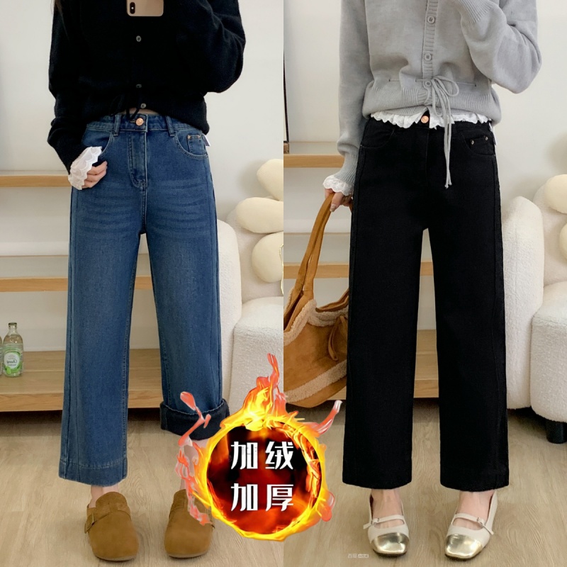 加绒加厚蓝色直筒牛仔裤女秋冬新款胖mm梨形身材高腰显瘦九分裤子