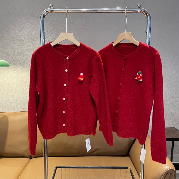 新疆包邮【c816】红色圆领针织开衫-衣长55