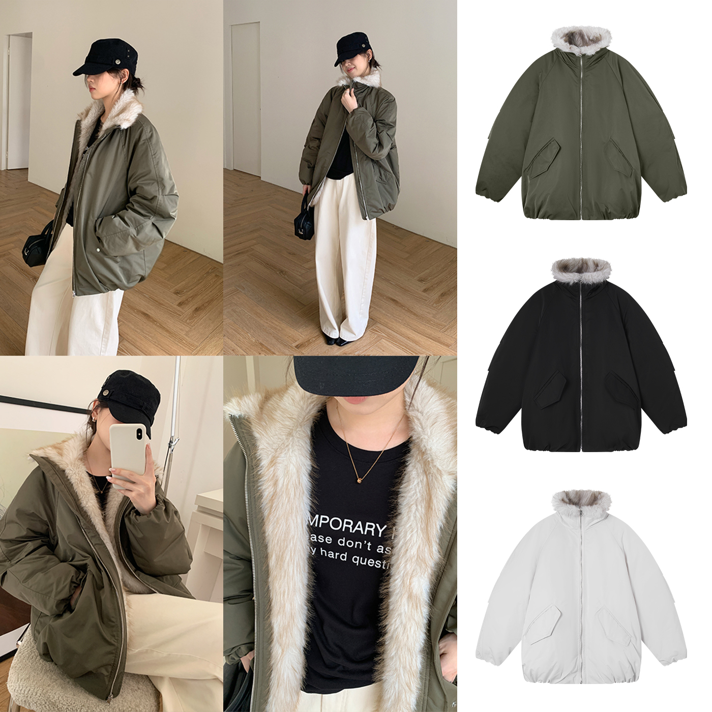 Miss sumeyY1436自制冬季新款皮草拼接毛领保暖派克服棉服外套女