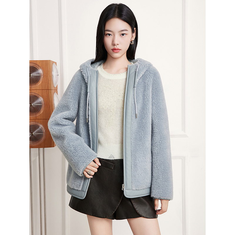 Goodland美地女装2025冬季新款羊剪绒羊毛连帽保暖外套LC35510320