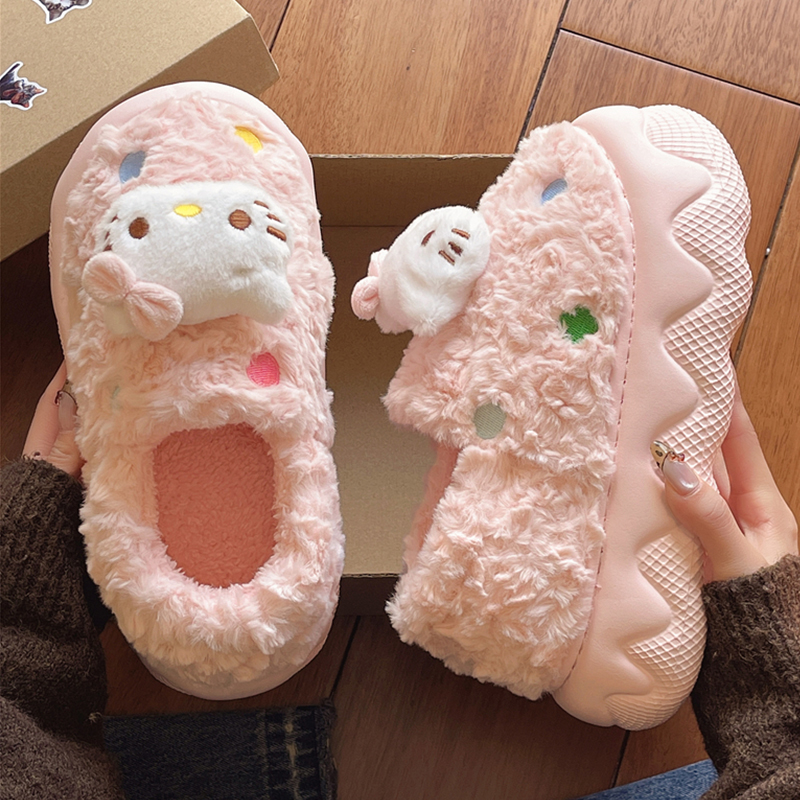 可爱棉鞋女冬季外穿加绒保暖厚底防滑卡通小猫毛绒包跟月子棉拖鞋