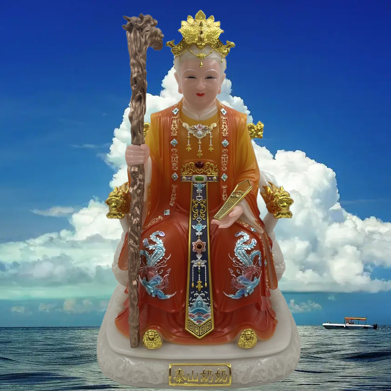 合成汉白玉空心十六寸泰山奶奶彩绘摆件批发雕塑神像家用工艺品