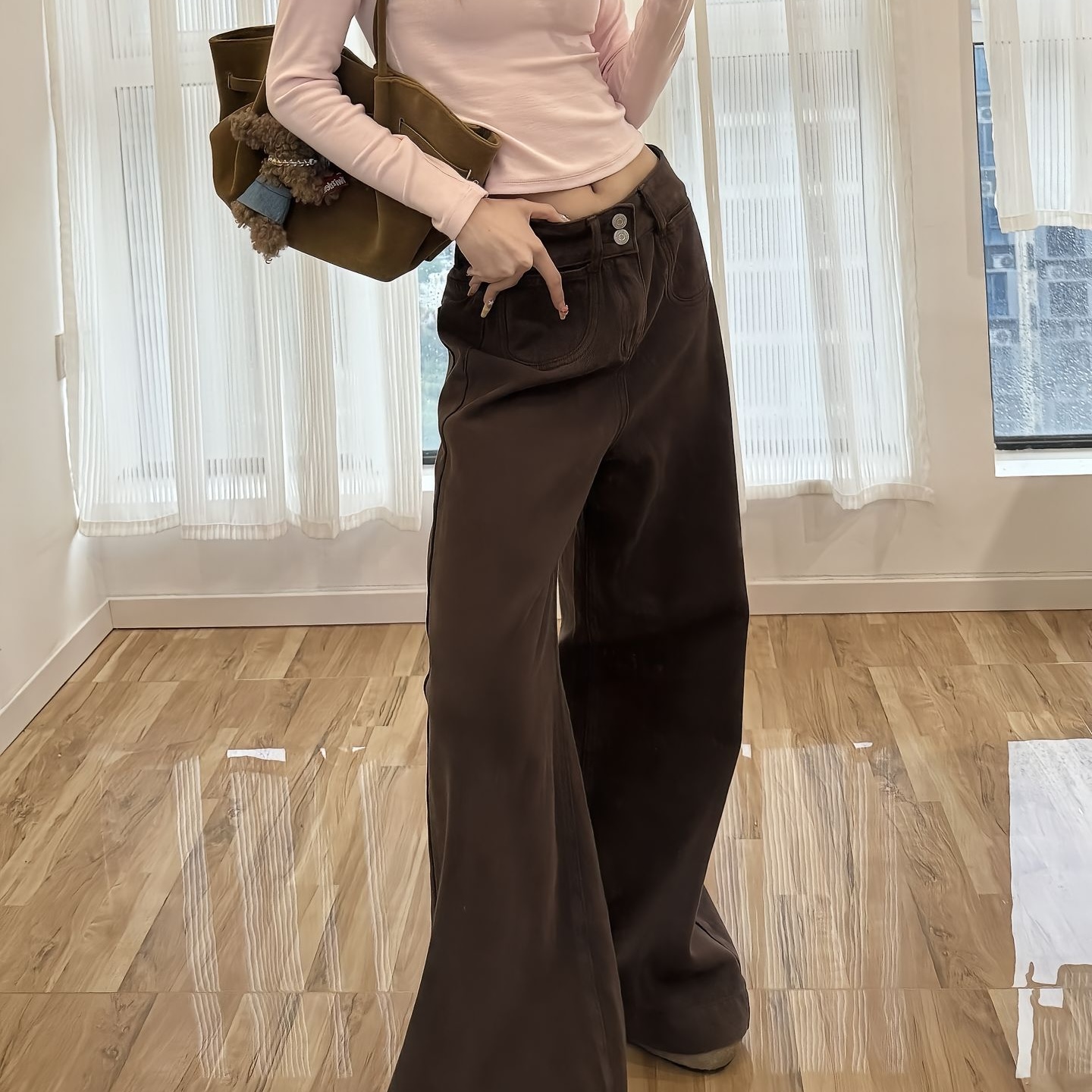 咖色微喇叭不贴腿牛仔裤女2025新款秋季棕色高腰宽松显瘦直筒裤子