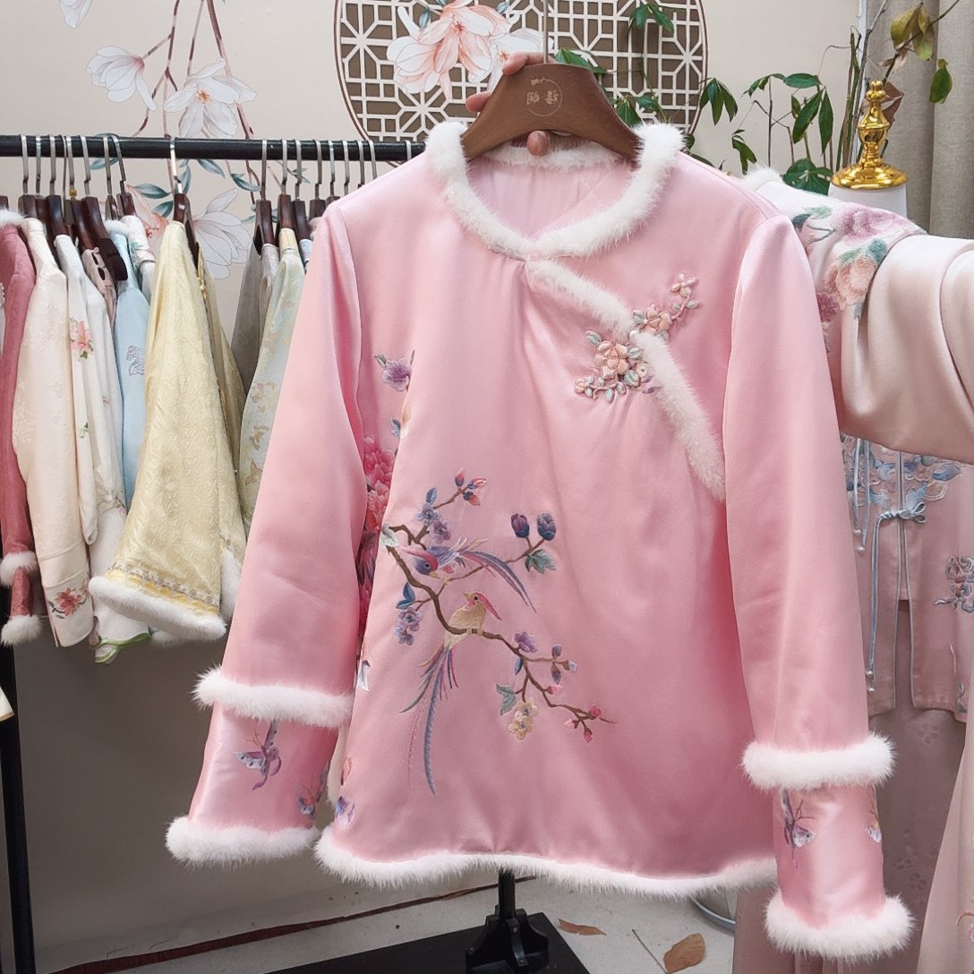 织绣真丝 圆领斜襟 鹊上枝头