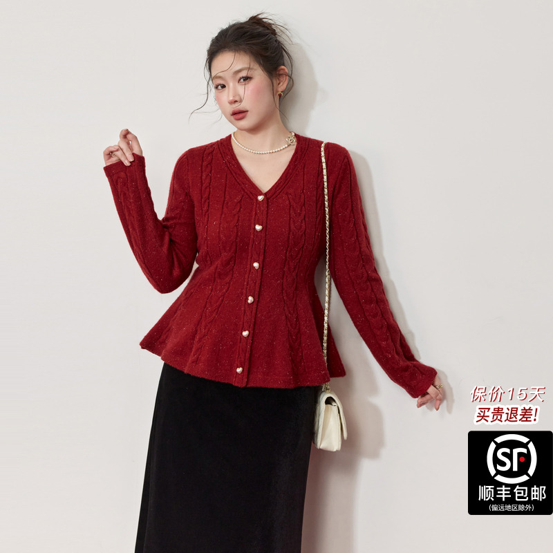 蓝语大码V领复古绞花毛衣女2025冬季新款收腰显瘦荷叶边针织开衫