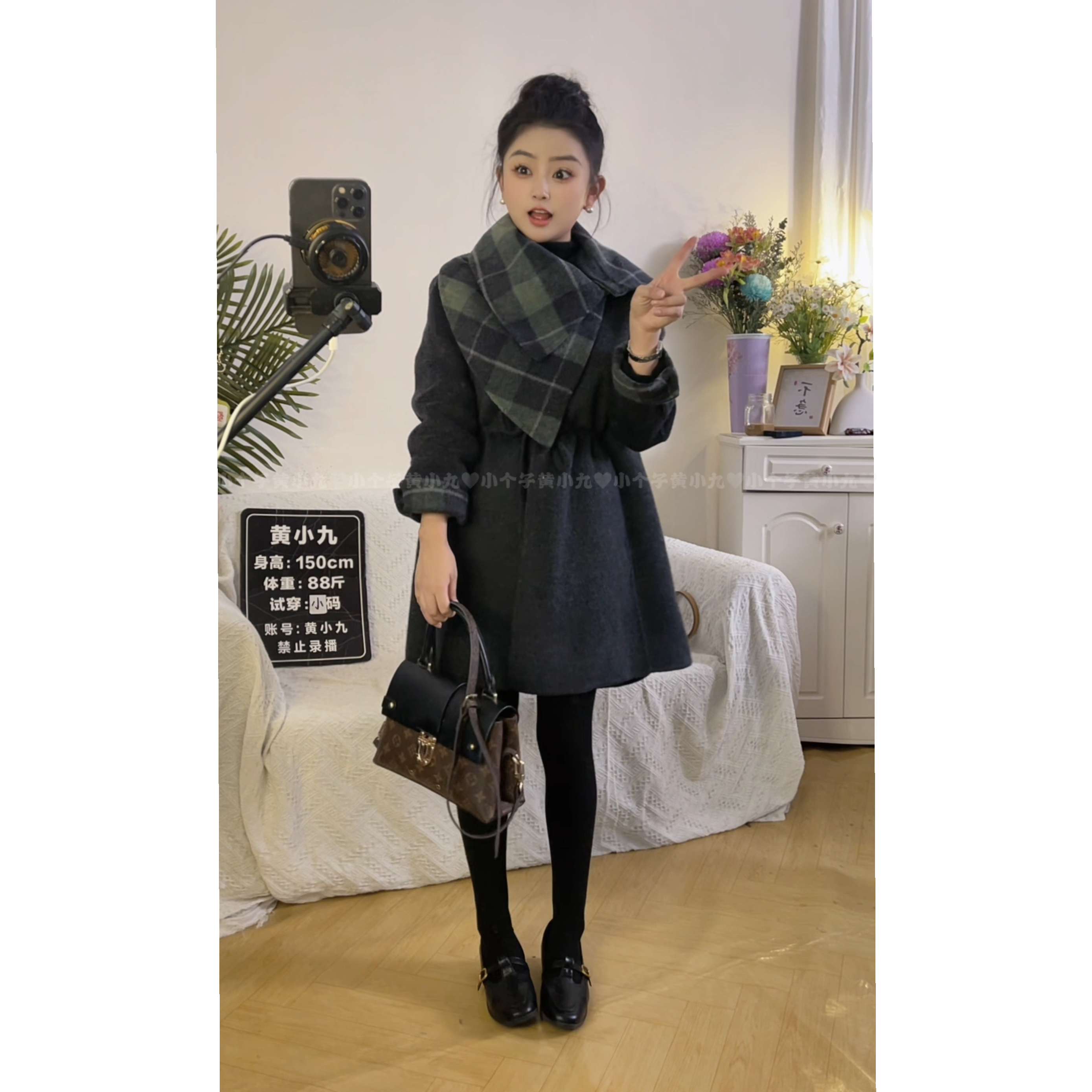 冬季小个子格纹领可拆卸领子羊毛大衣外套5887