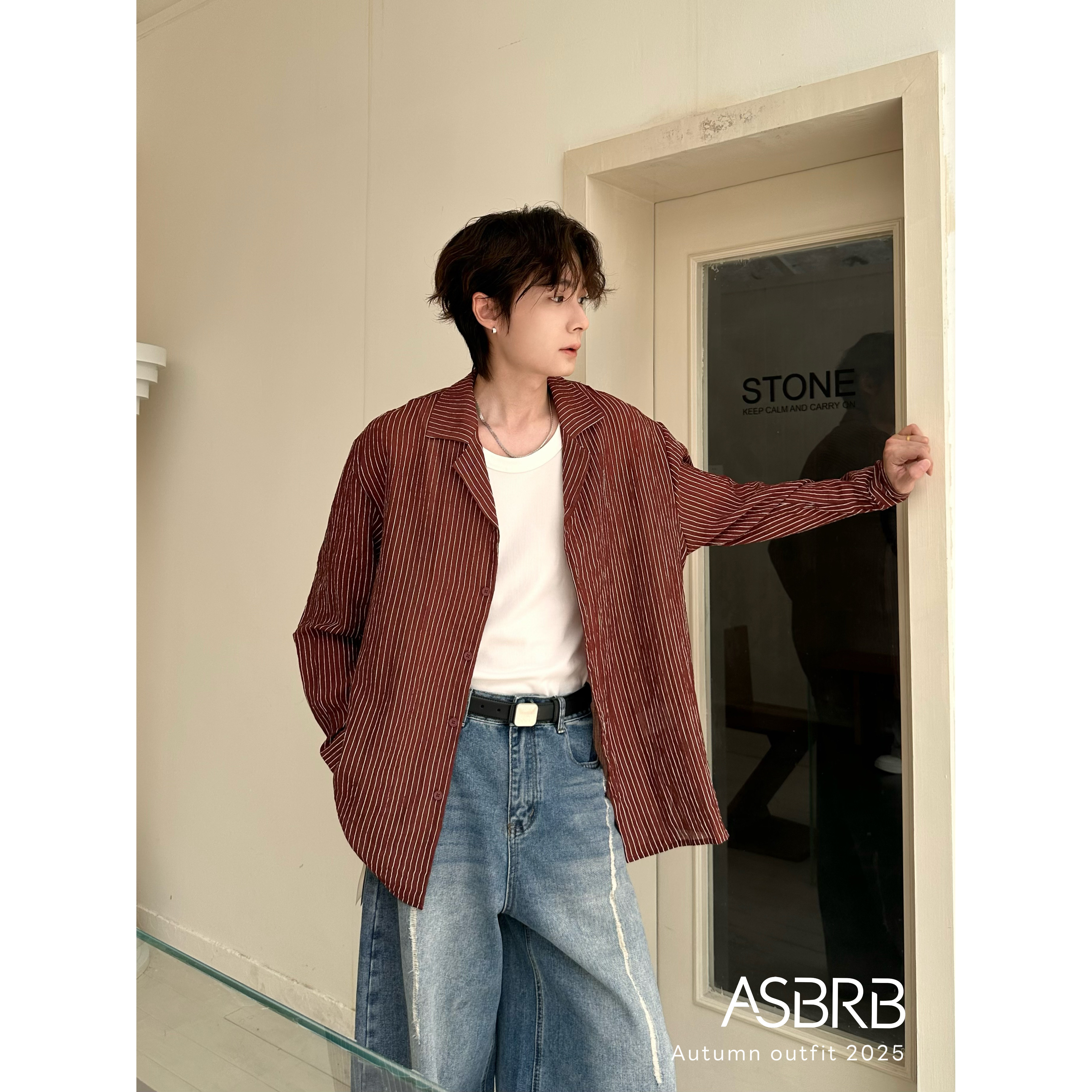 【ASHENG BRB】25A/W简约褶皱肌理条纹撞色休闲防晒长袖衬衫上衣