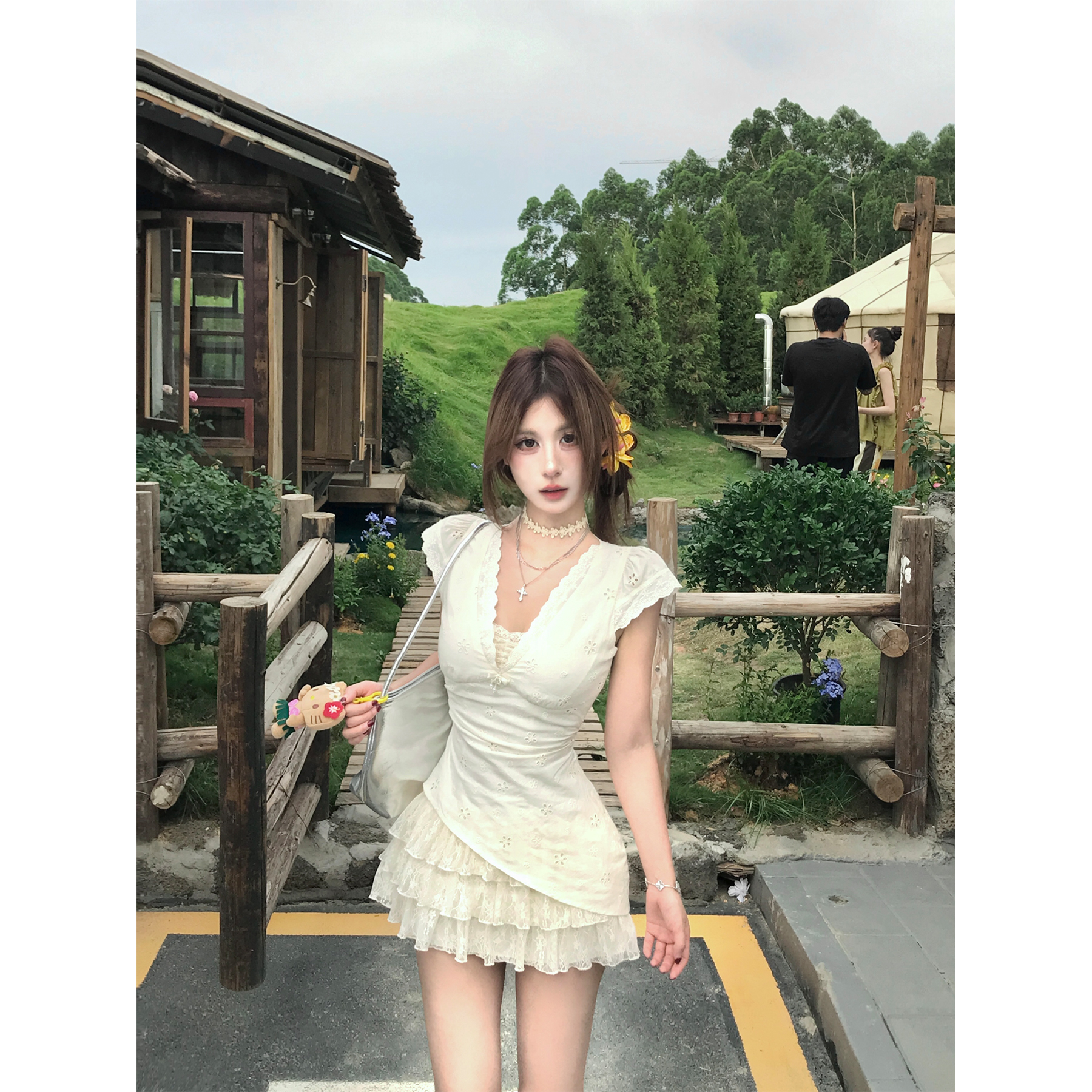Mejiu蜜九【蕾丝泡沫】假两件蕾丝纯欲连衣裙女夏季收腰设计裙子