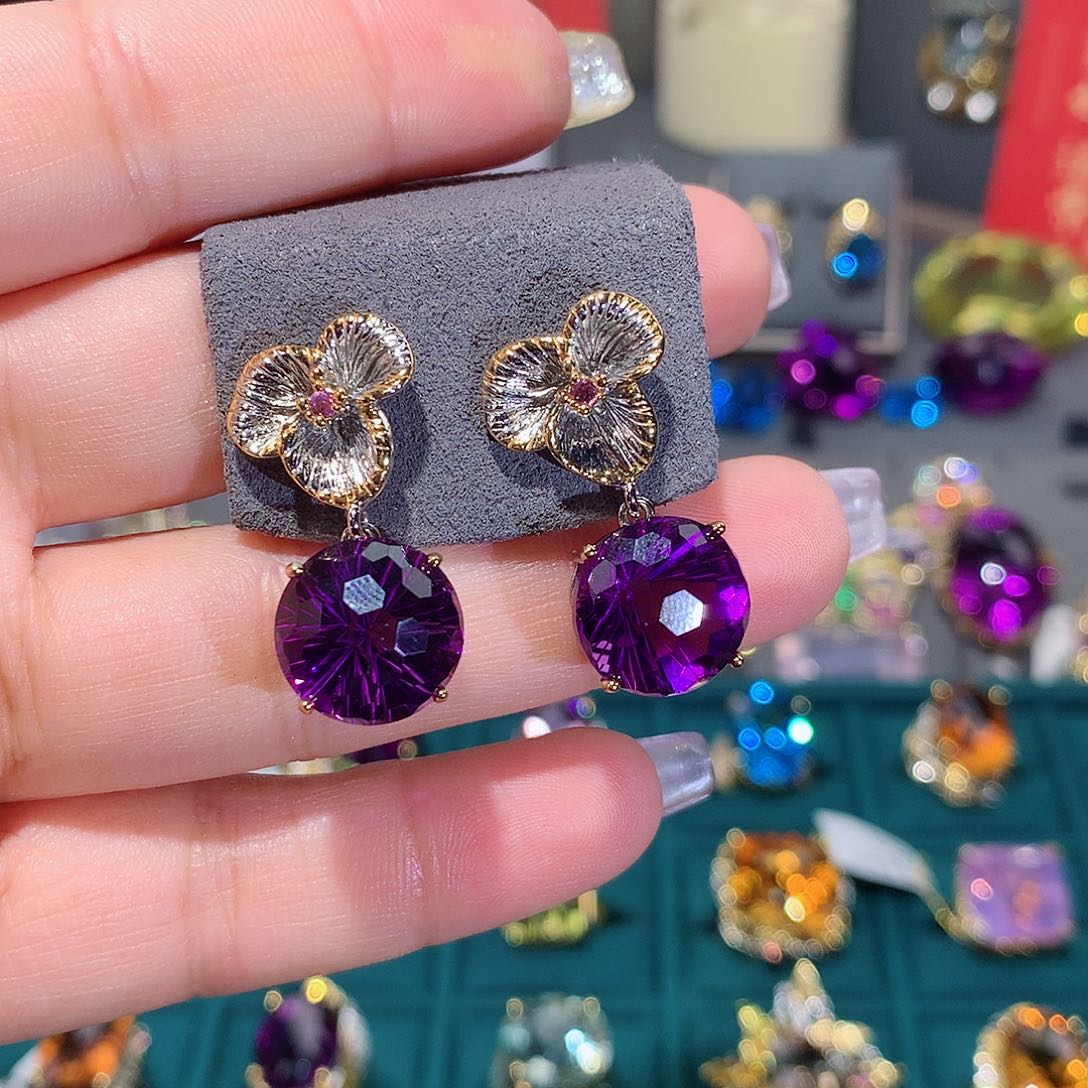 紫晶耳饰银S925镶嵌耳饰