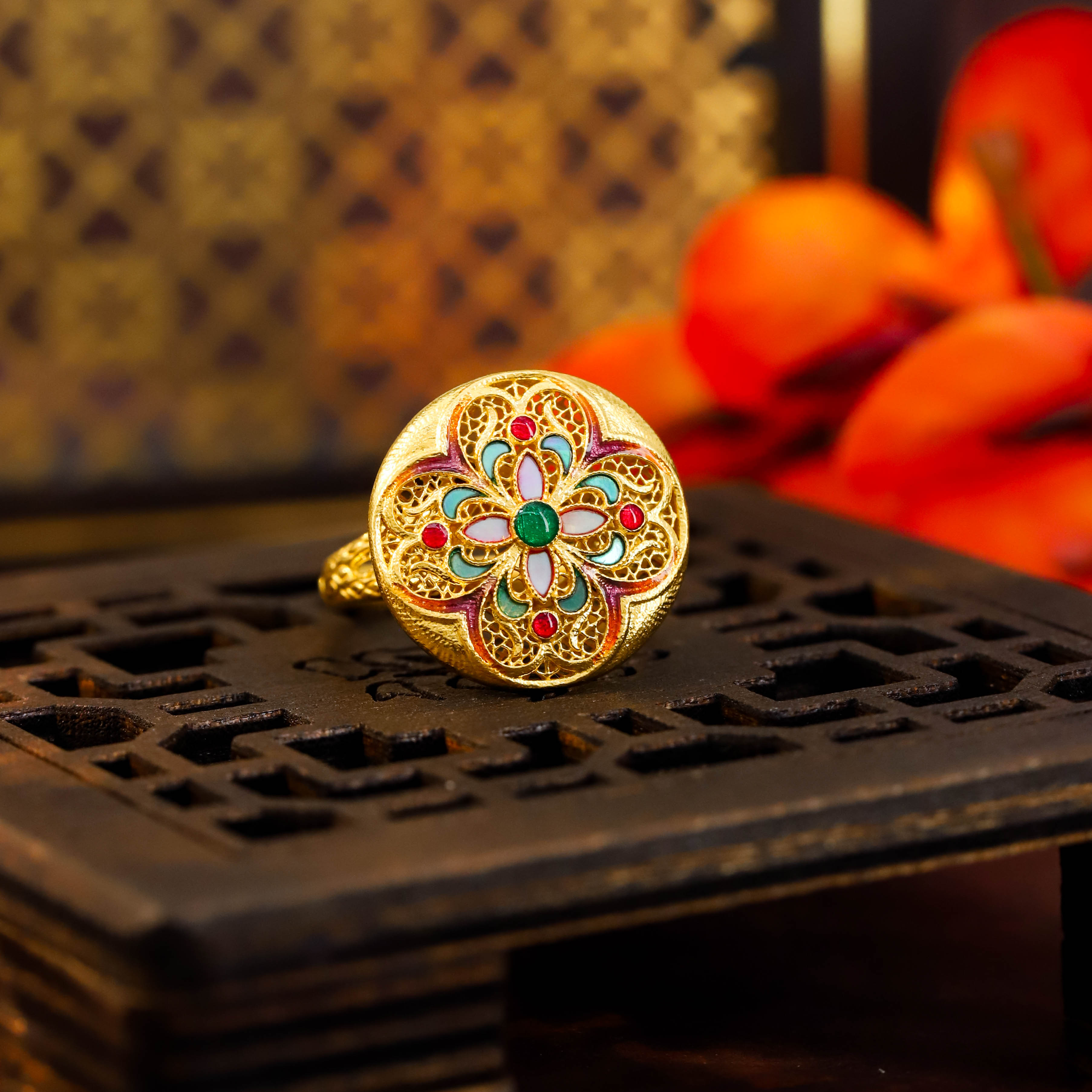 福满缘珠宝  足金999投资金 古法螺钿四叶草花卉戒