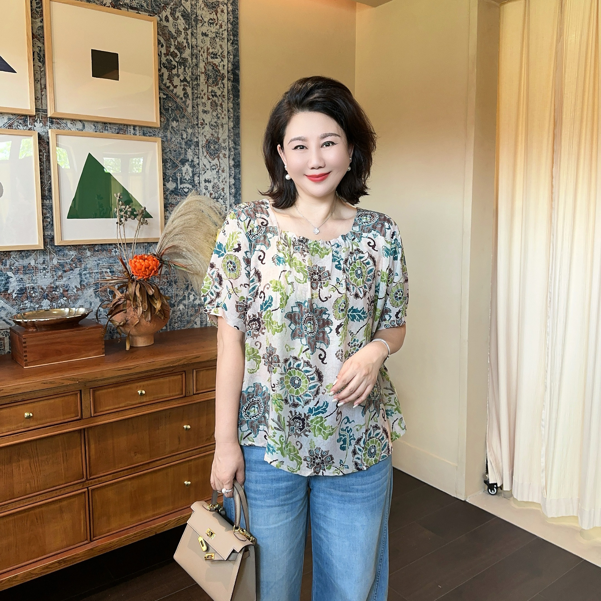 微胖女装【绿野仙踪】方领碎花短袖T恤上衣夏季田园风新款7736