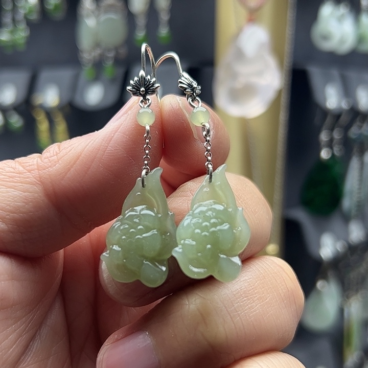 和田玉耳饰银S925镶嵌