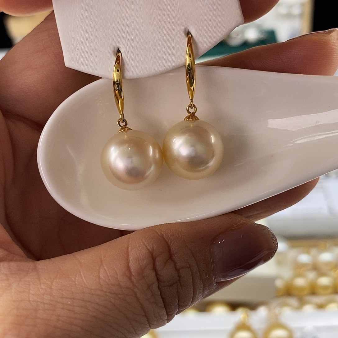 海水珍珠耳饰18K金镶嵌南洋金珠13-14m m