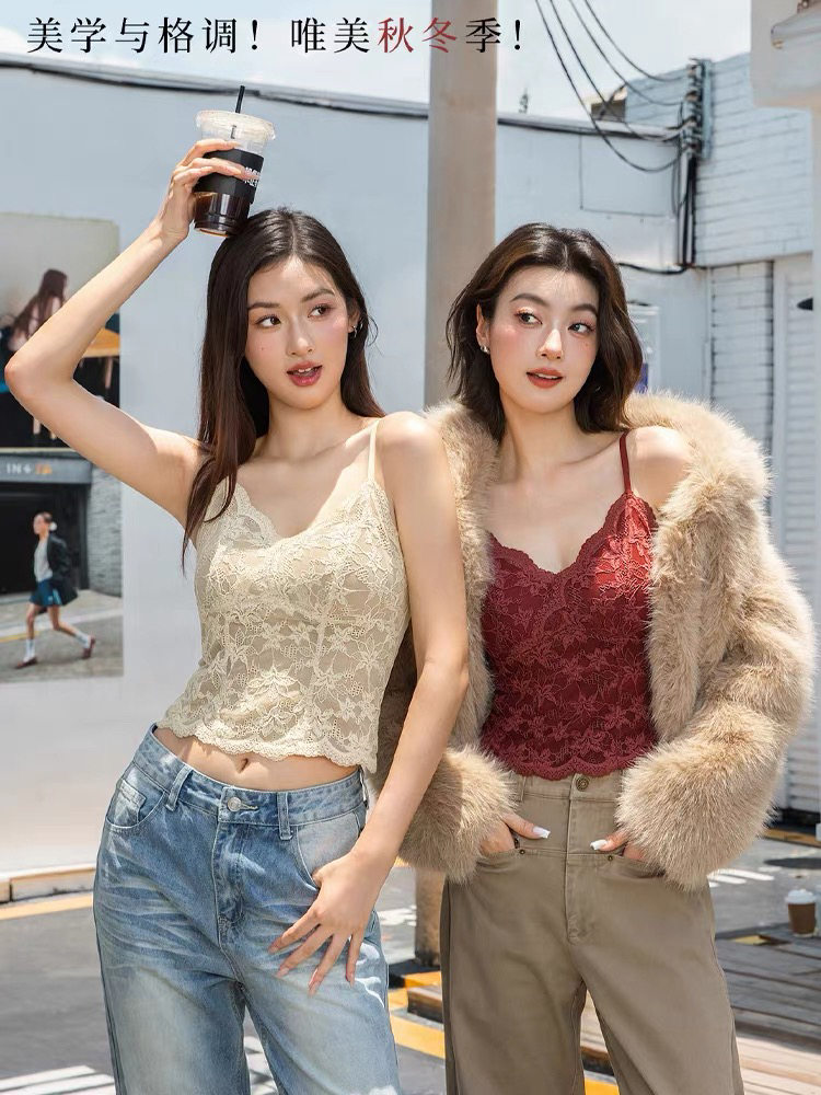 法式纯欲风带胸垫蕾丝吊带短款背心女内搭外穿设计感十足6099