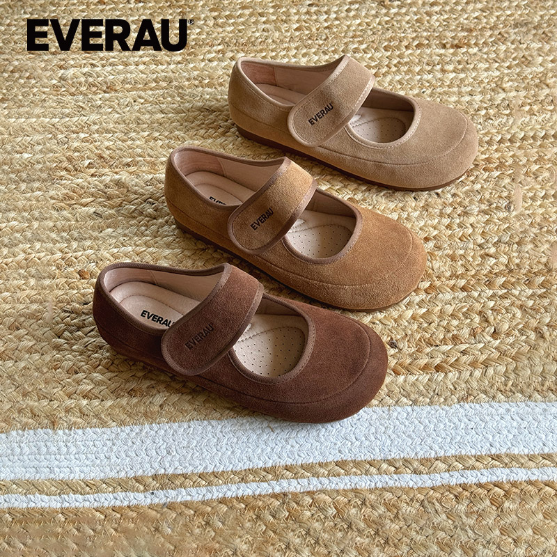 EVERAU单鞋女2025新款浅口魔术贴一脚蹬休闲鞋子皮鞋乐福鞋EA7085