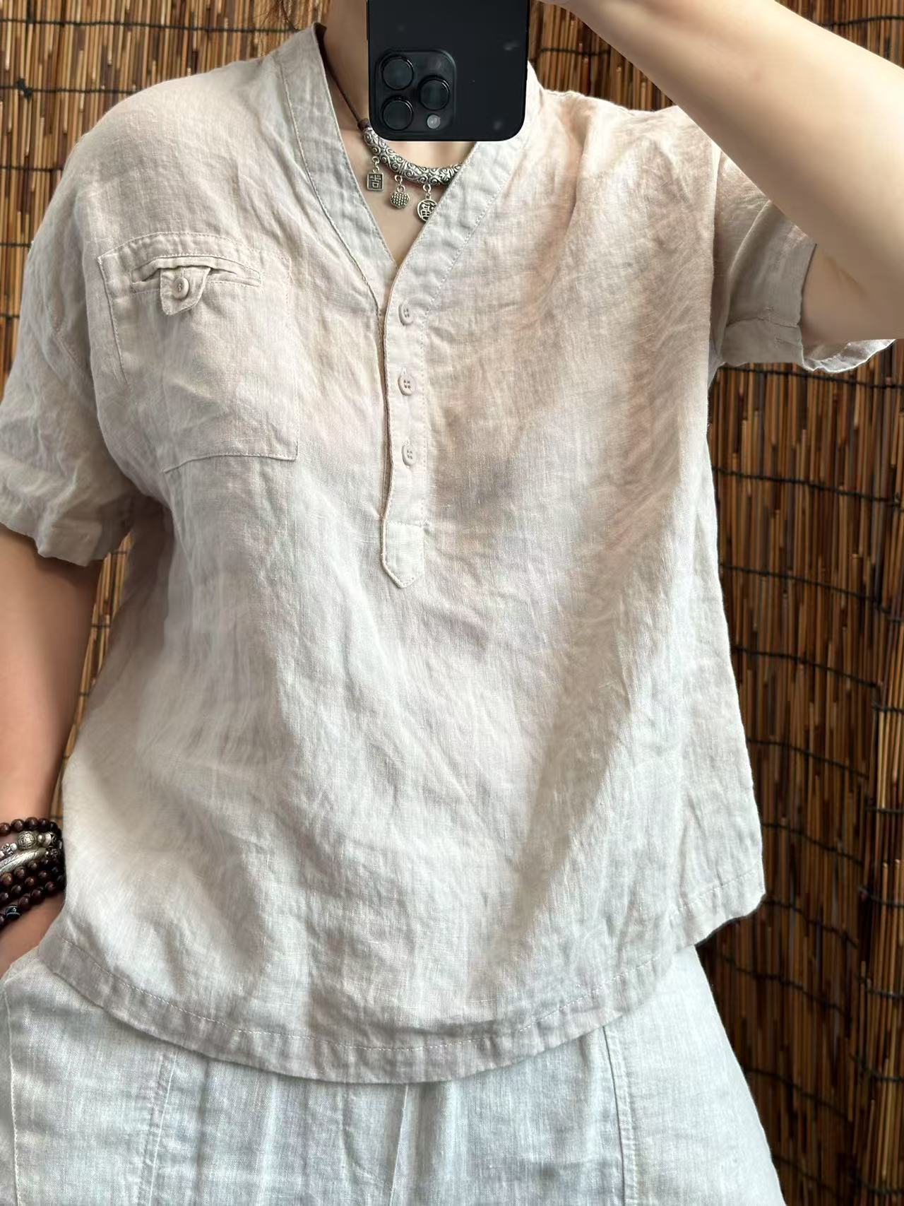 502酵素洗汉麻V领三粒扣法式衬衫减龄衬衣