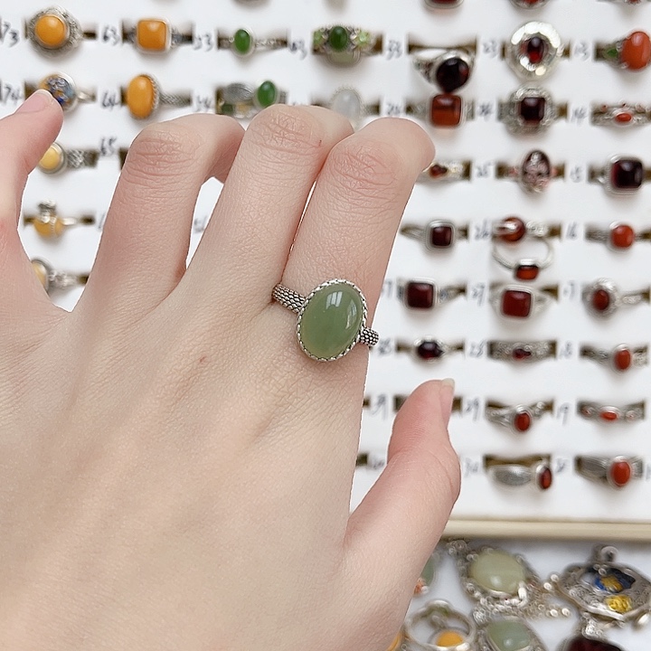 和田玉戒指银S925镶嵌天然