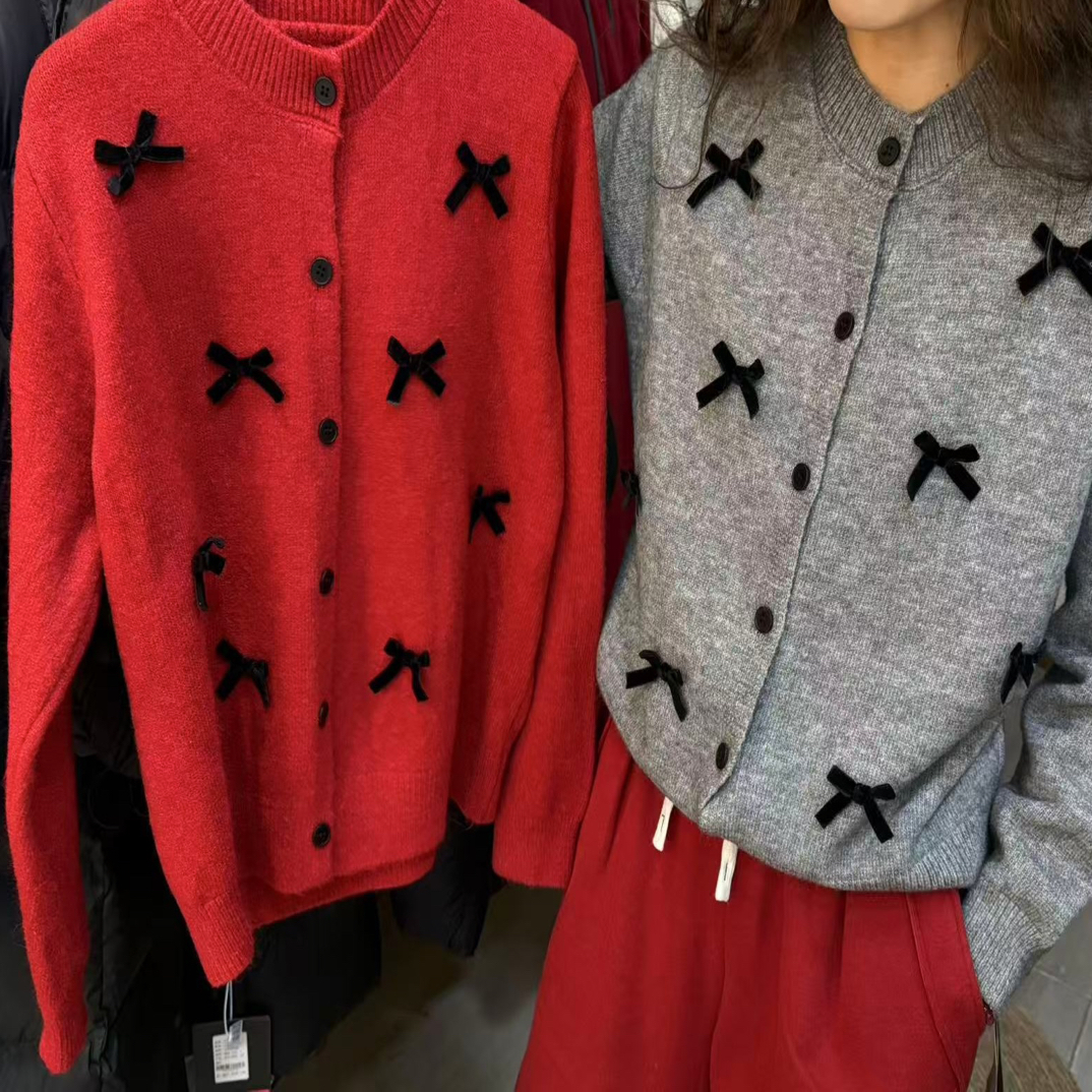 蝴蝶结加厚针织开衫女秋冬新款百搭显瘦毛衣外套