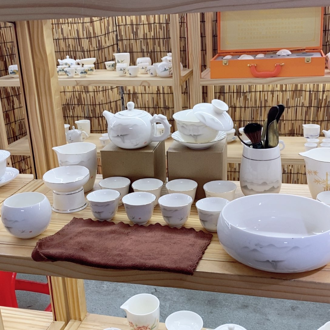 瓷片水墨轻舟羊脂玉大全套套装