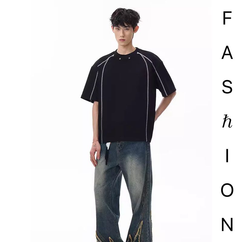 FASHION夏季百搭高级时尚线条潮流短袖T恤情侣款休闲宽松半袖上衣
