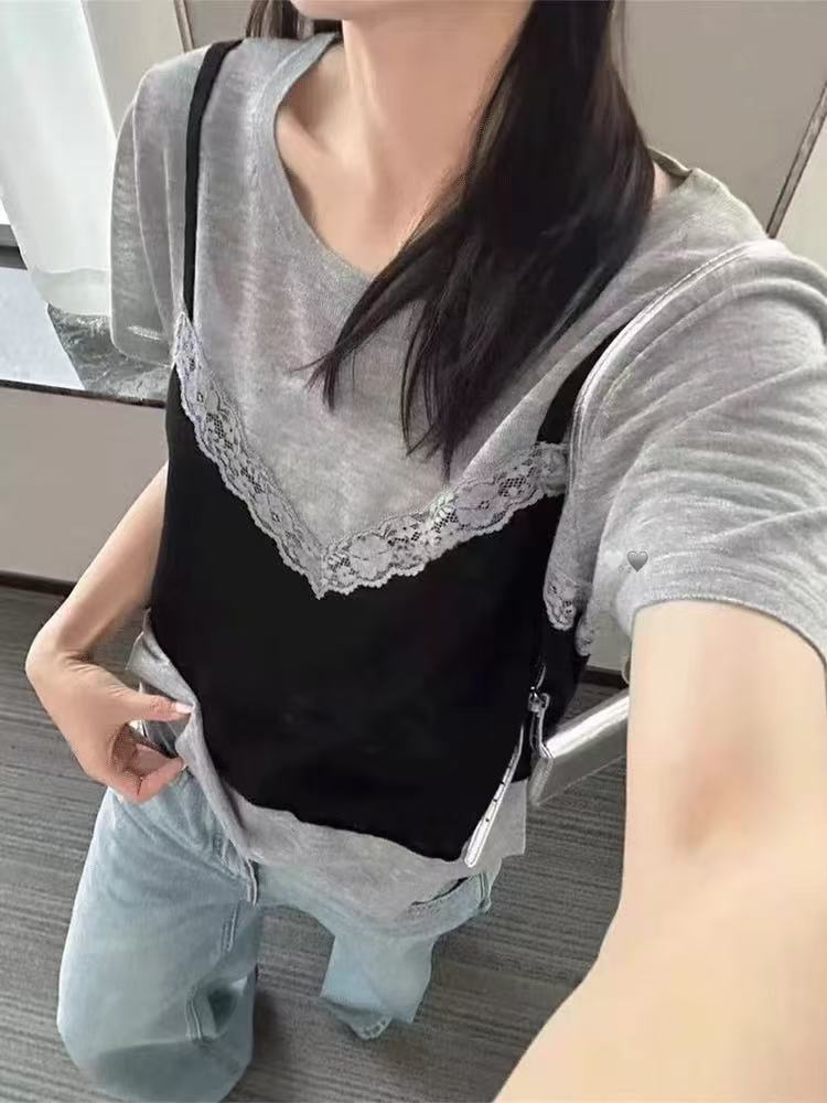 QIANRH-1178夏季新款假两件蕾丝设计感针织短袖