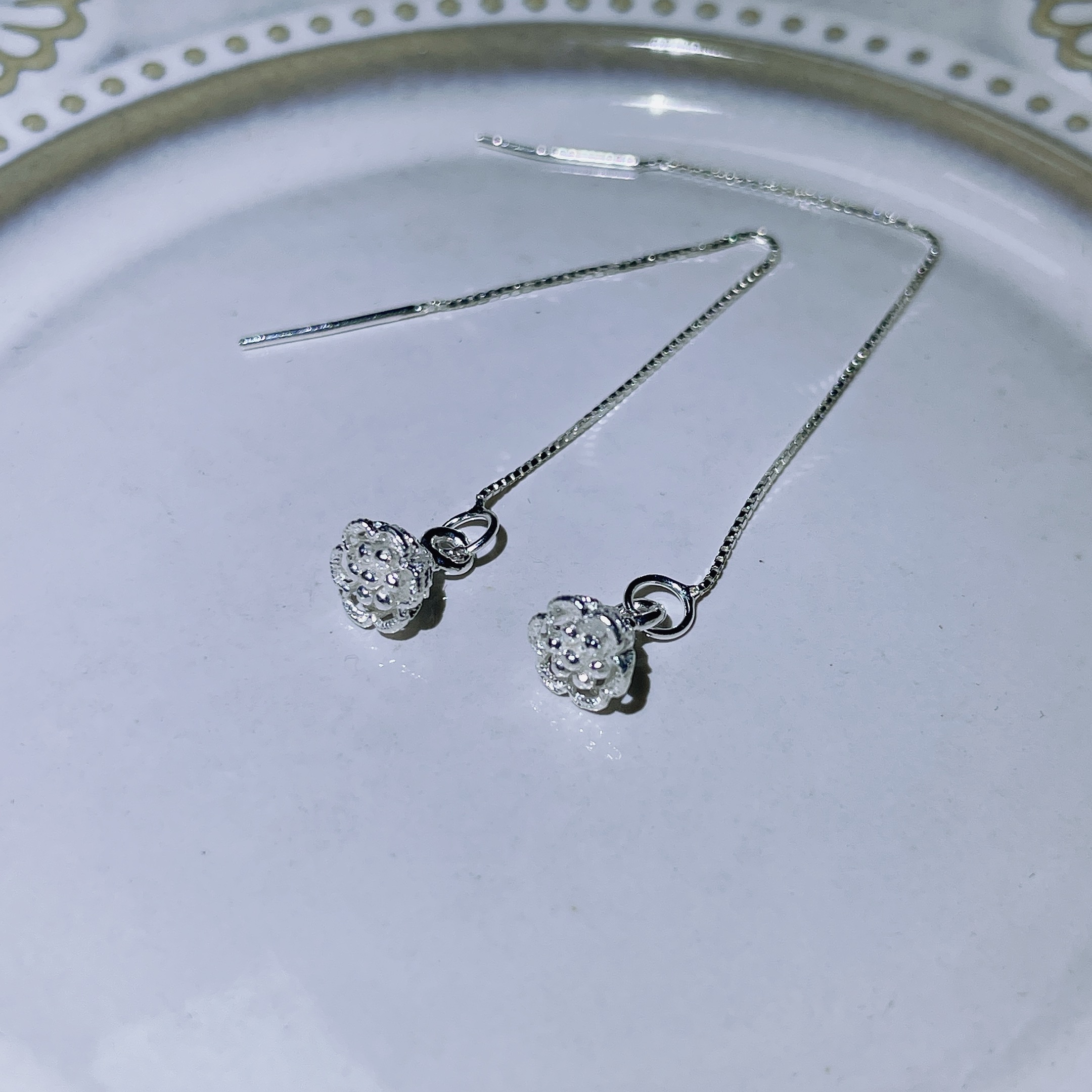 足银耳饰 简约百搭长款银色耳线手工磨砂气质镶嵌轻奢经典耳环