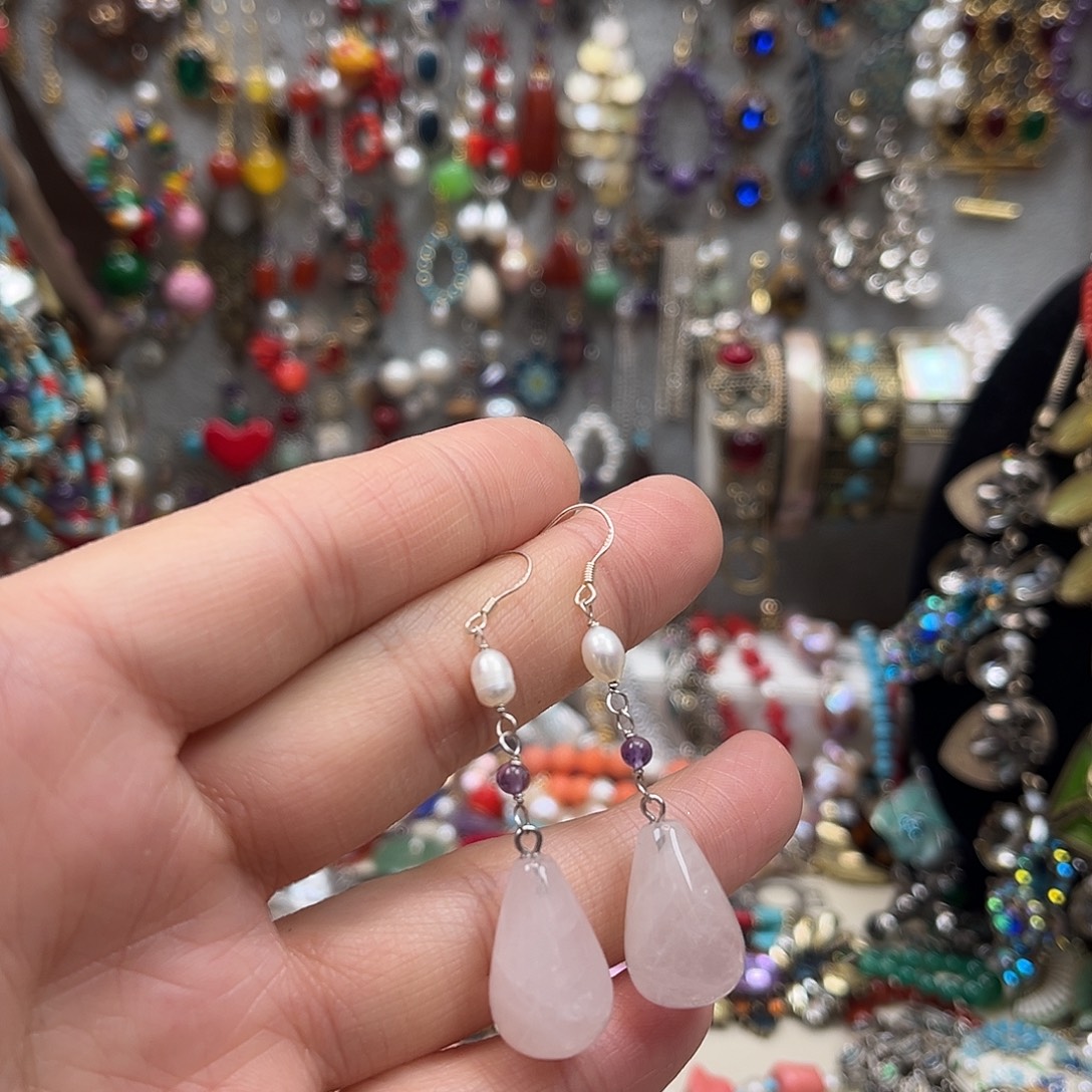 锌合金合金粉色耳坠淡水珠
