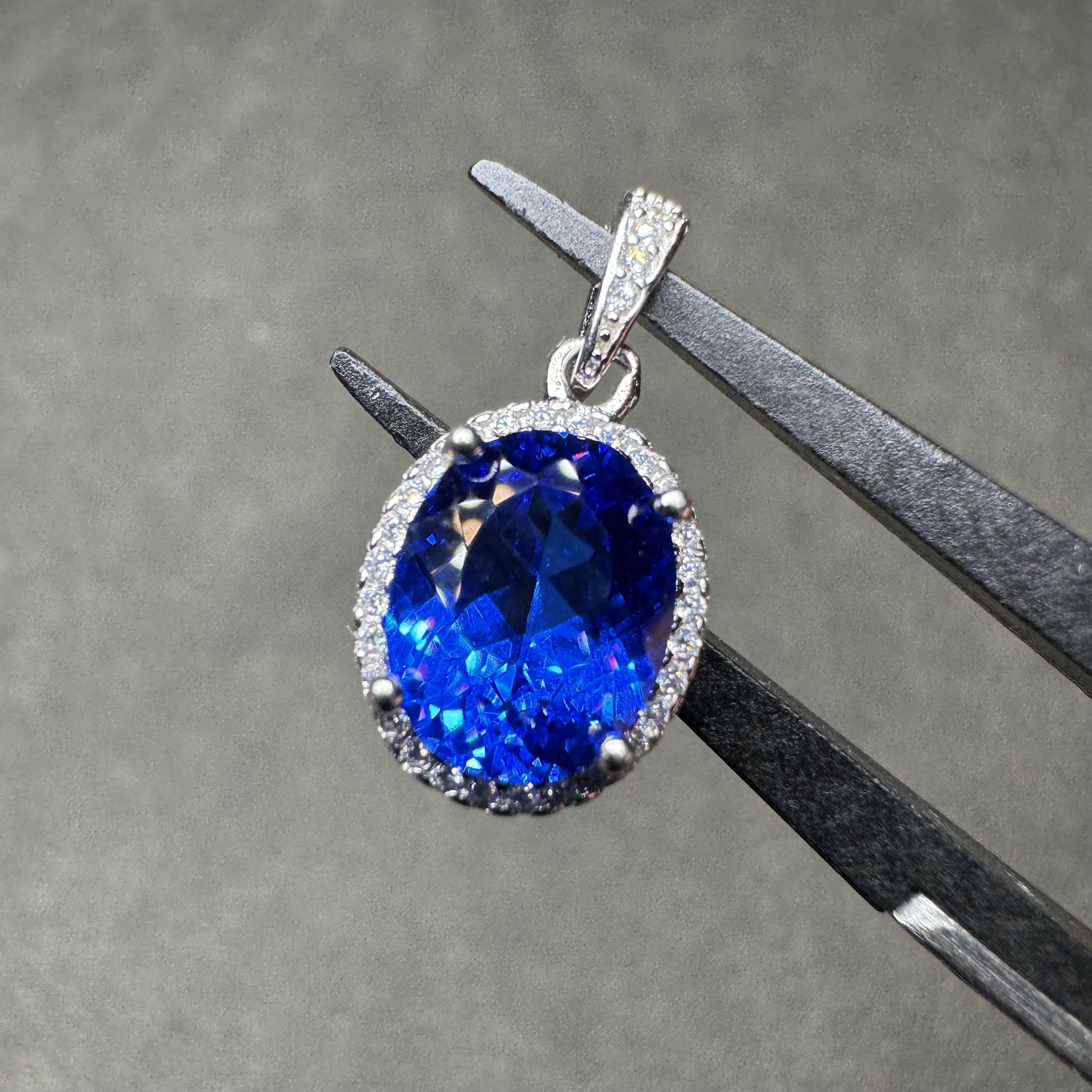 轻奢 S925银克什米尔蓝宝石靛蓝色丝绒光感8*10吊坠073