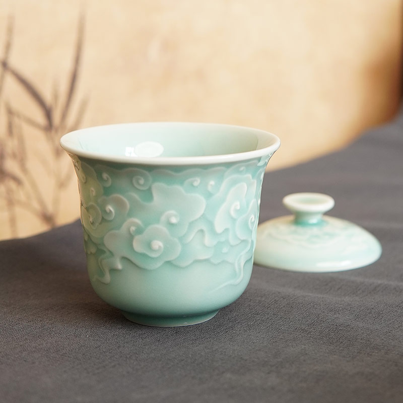 青瓷两才盖碗手工刻花祥云中式陶瓷单个手抓泡茶功夫茶具家用