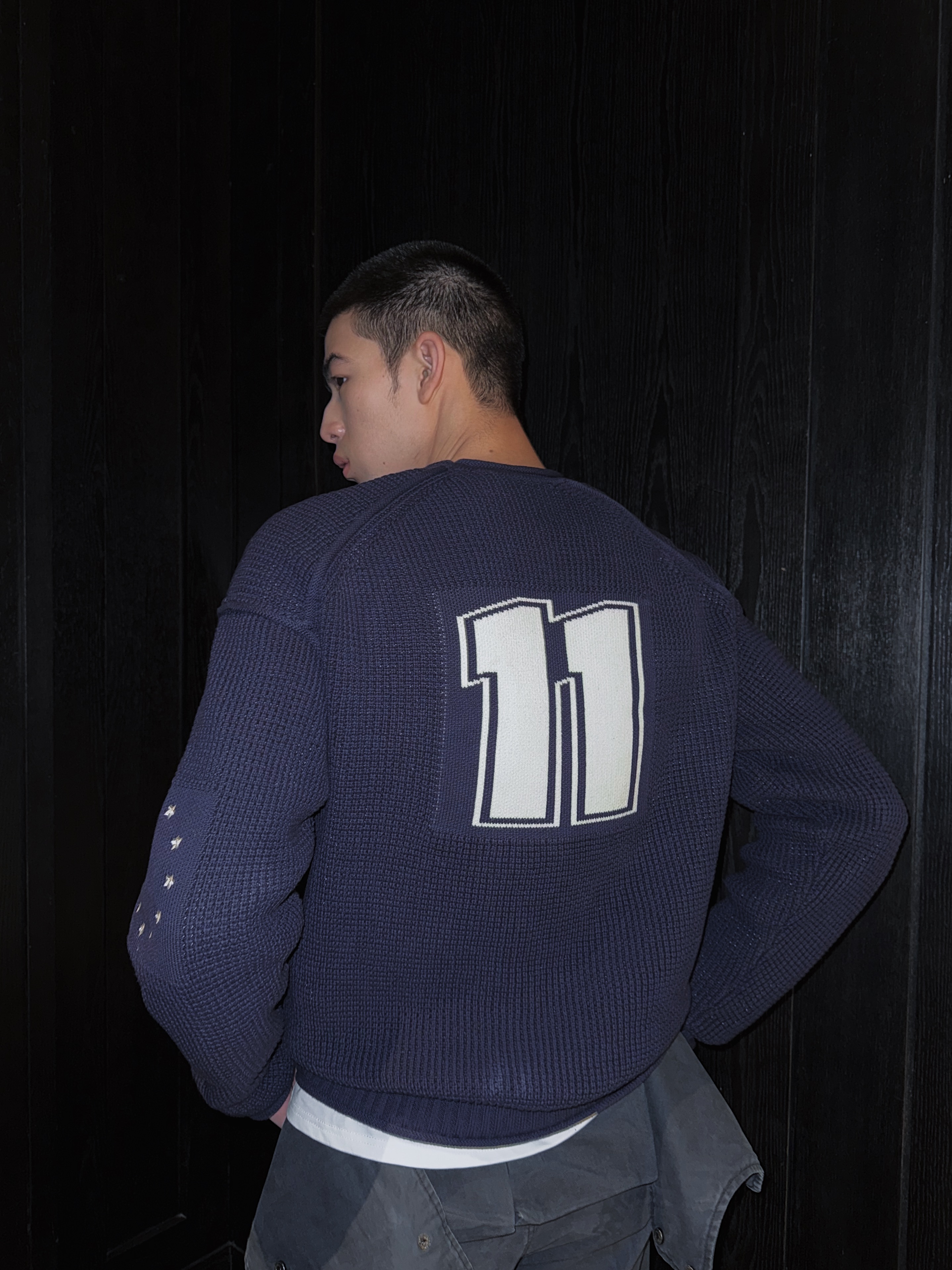 weave【现货】幸运球衣 藏青蜂窝织套头休闲提花拼接毛衣宽松上衣棉