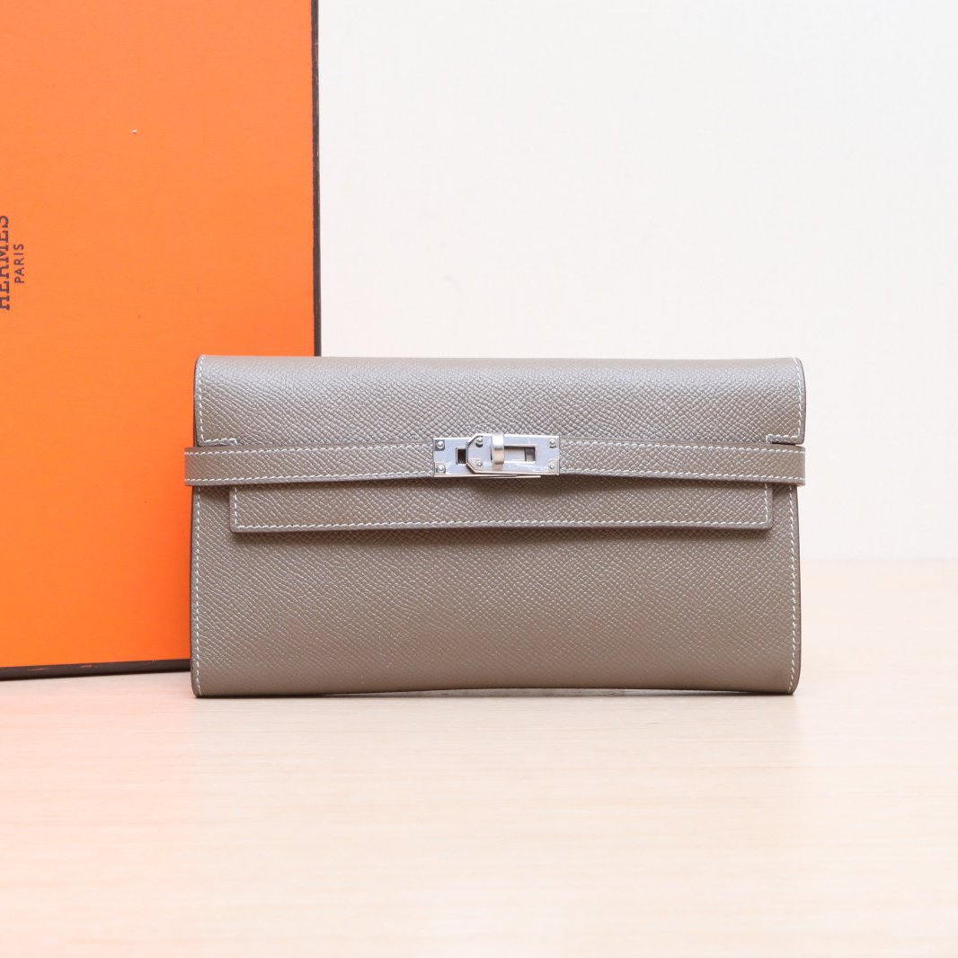 95新 Hermes/爱马仕 小花黑黑Kelly 长款钱包 18大象灰 C刻 包