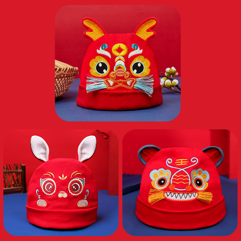 婴儿帽子红色满月百天周岁龙头帽龙角帽宝宝帽胎帽春秋 MZ1909