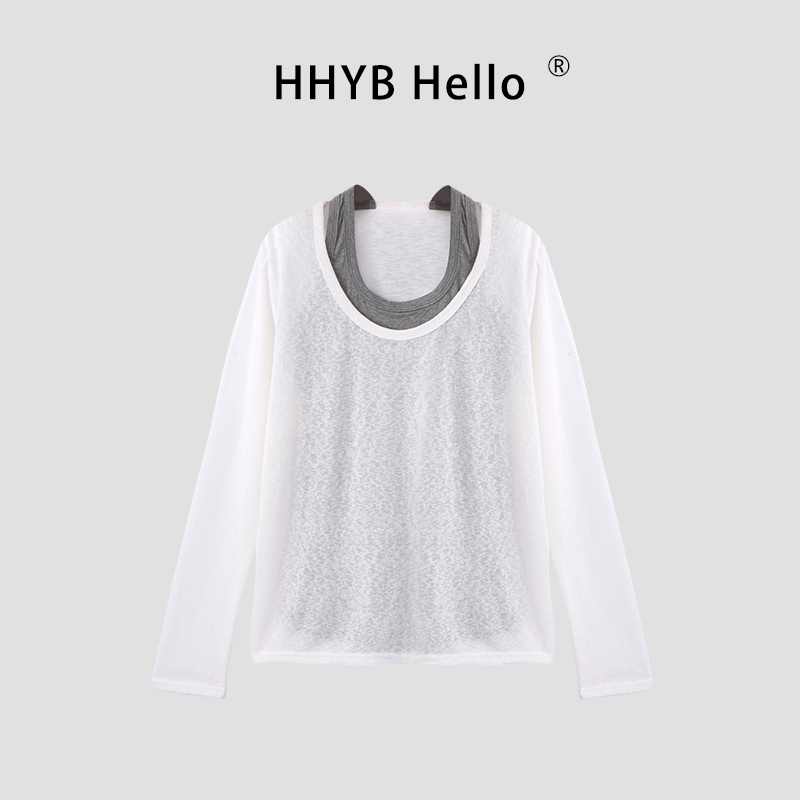 HHYB Hello2025夏季新款雪花棉撞色背心长袖假两件T恤上衣250386
